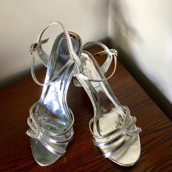 Silver Slipper Shoes - SILVER SLIPPERS SLINGBACK HEELS with RHINESTONES